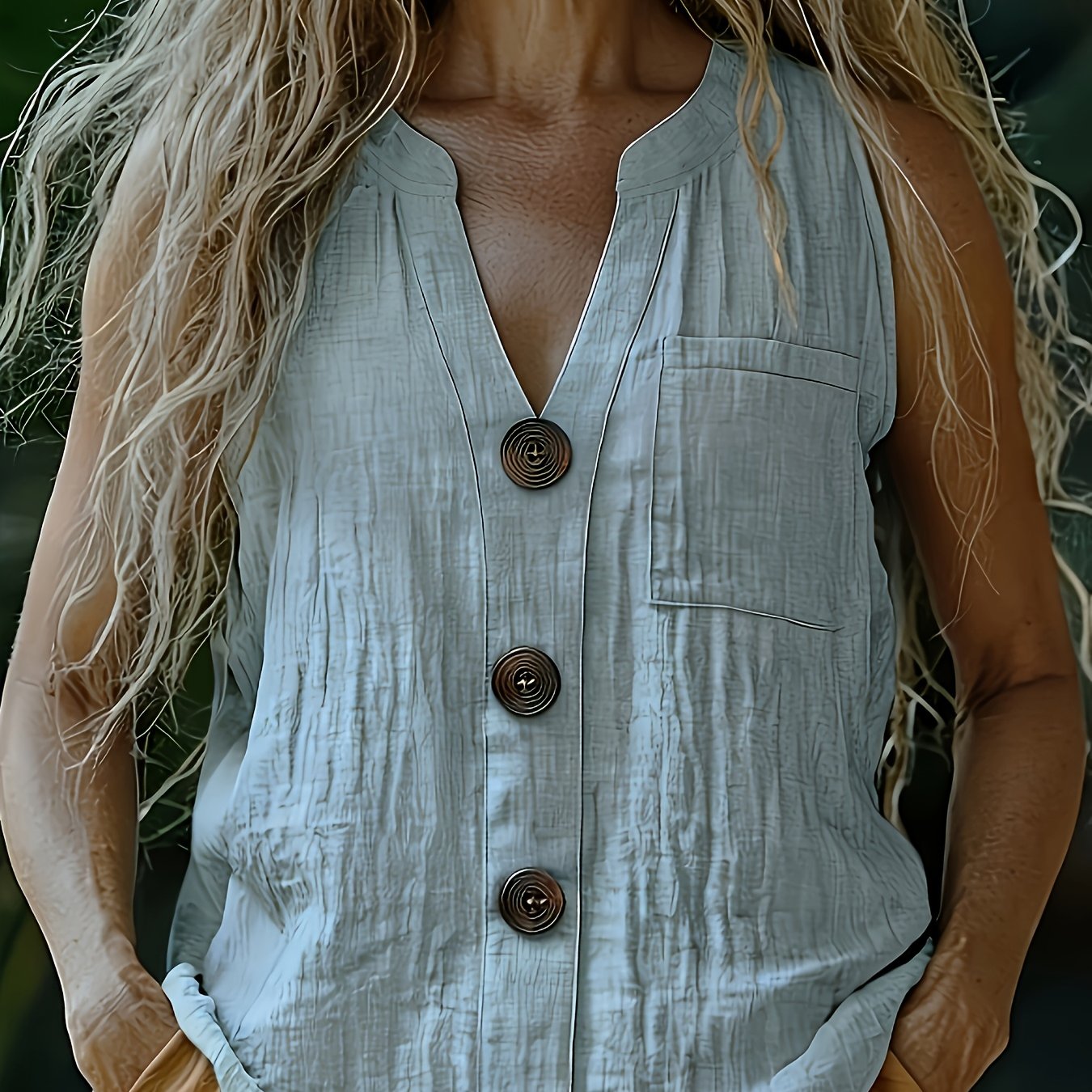 E-shop Elegantes ärmelloses Damen-Top im Urlaubsstil mit Vintage-Leinenoptik, ethnischer Stil mit Knopfverzierung, V-Ausschnitt, lockere Passform,