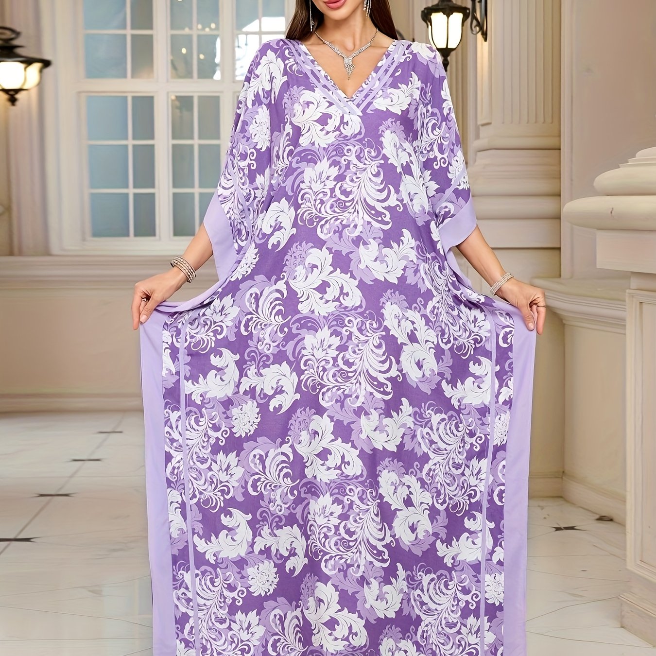 TEMU Women's Plus Size Purple Floral Print Kaftan Dress - Sleeveless, V-neck, Non-stretch, Split Front, Ideal For Vacation And Summer, Vacation