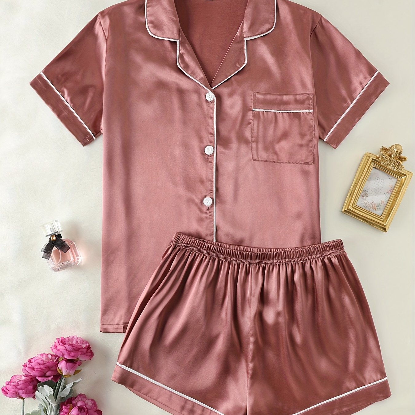 TEMU Women' Color Satin Casual Sleepwear 2pcs Set (1 Short-sleeve Top + 1 Pair Of Shorts) Loungewear