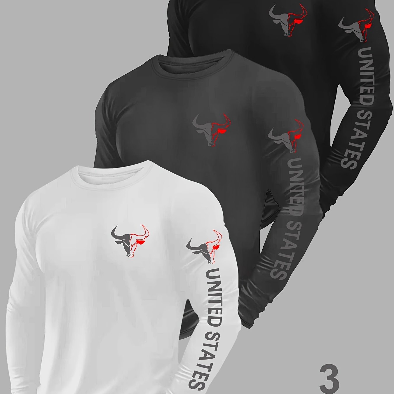 TEMU Men's 3pcs Printed Long Sleeve T-shirts, Regular Fit Spring/autumn Long Sleeve Tops For Outdoor Sports And Casual Wear