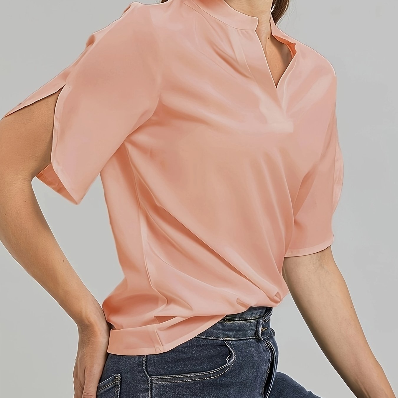 TEMU Solid Color Notched Neck Blouse, Elegant Short Sleeve Loose Blouse, Women's Clothing