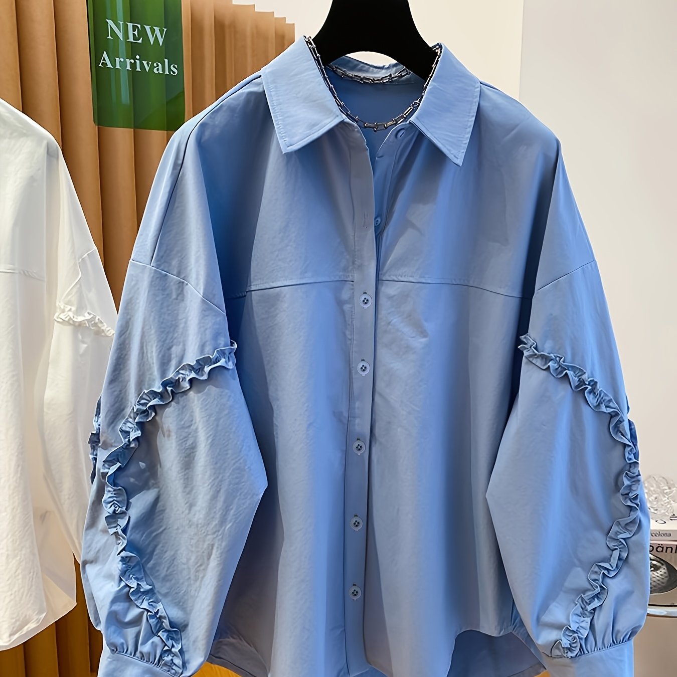E-shop High-End Holz Ohren Trim Patchwork Shirt Damen Langarm 2025 Neues Locker Revers Top