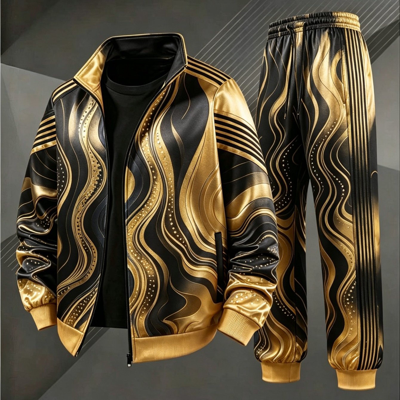 Men's 2pcs Tracksuit Suit - Rainbow Gradient Wavy Print Zip-up Jacket & Jogger Pants, Stand Collar Jacket Pants, Casual Streetwear Outfit, Machine Washable Autumn/ For Gym,, Casual Attire