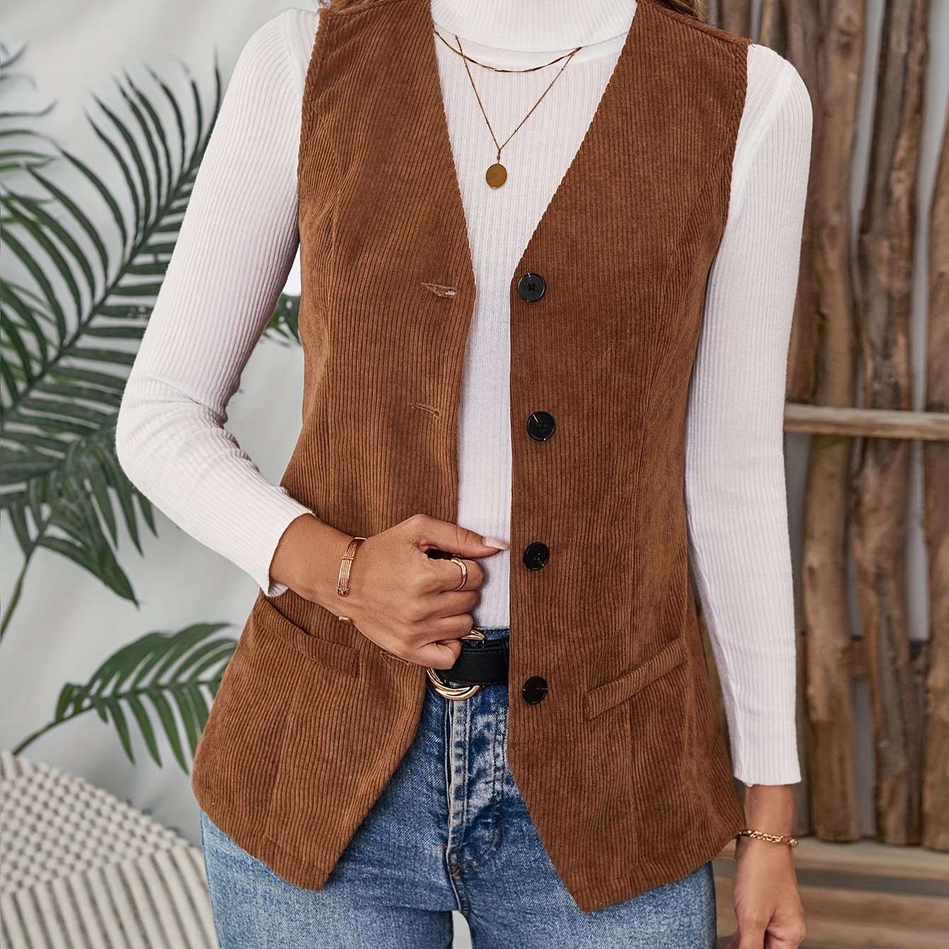 TEMU Women's Corduroy Sleeveless Buttonless Casual Layering Vest For Autumn/winter, Classic V-neck Single-breasted