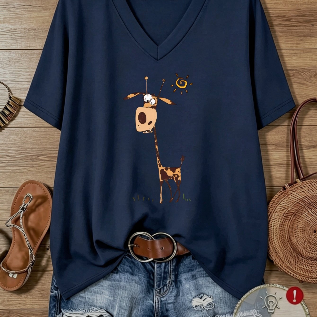 TEMU Plus Size Fashion Casual Sportswear For Women: Loose-fitting Fun Giraffe Print V-neck Short Sleeve T-shirt. Skin-friendly And Breathable.
