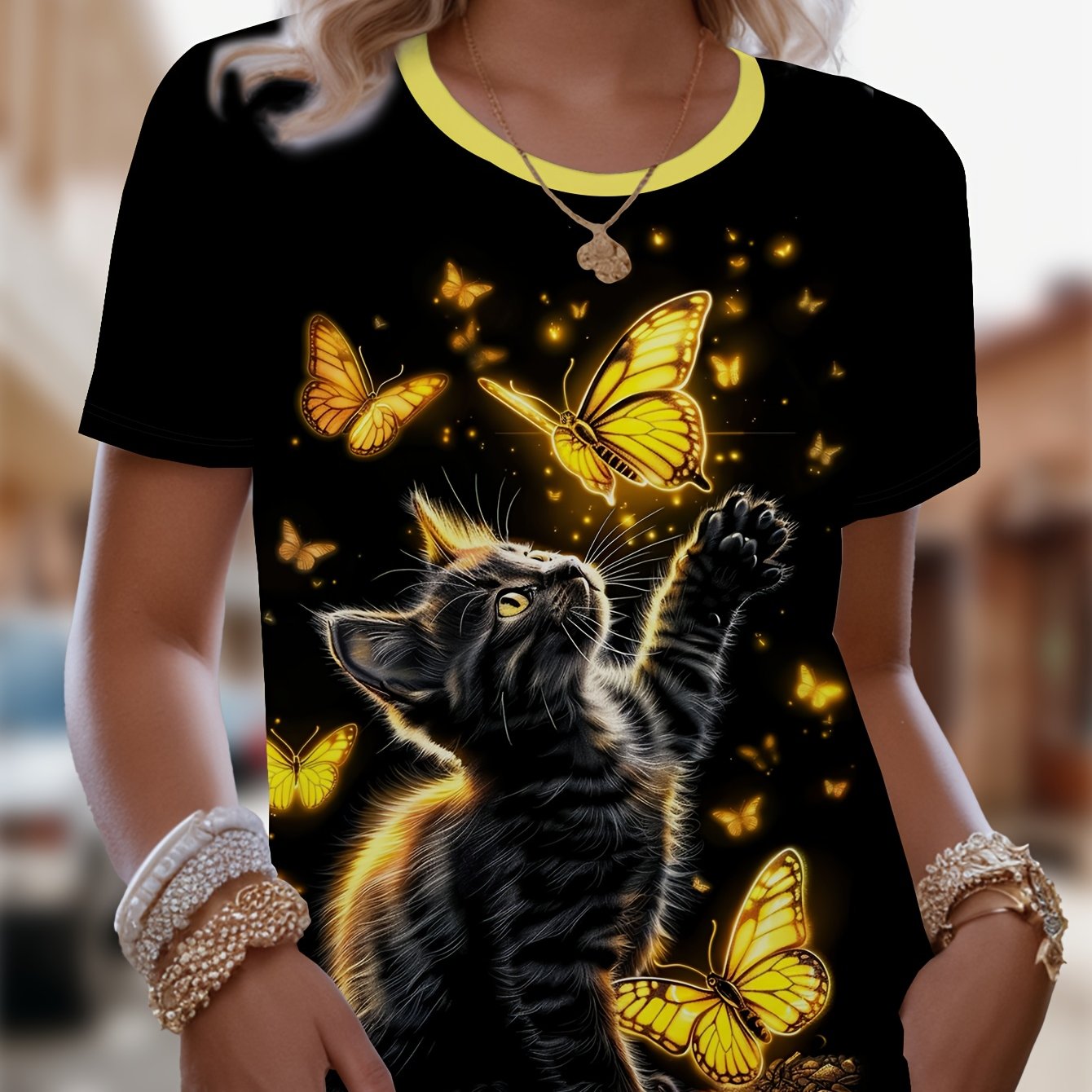 TEMU Women's -the-dark Black Cat Style Pattern Printed T-shirt, Casual Round Neck Short Sleeve Top, Machine Washable, Wear, Micro-elastic Fabric,