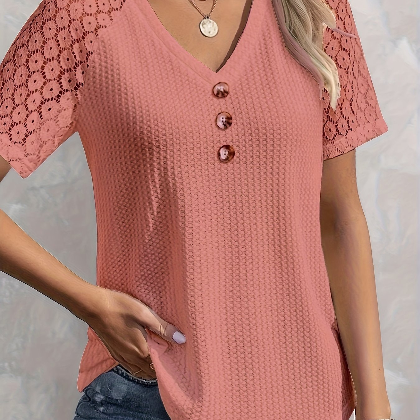 Camisa Cuello En V Parche Encaje Blusa Extragrande Holgada - Temu