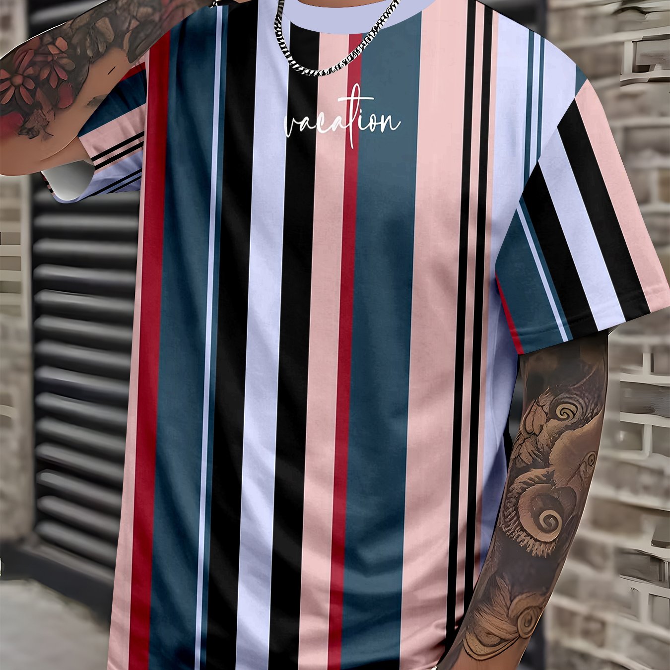 TEMU Men's Loose-fitting Round-neck Short-sleeve T-shirt With Contrasting Striped Print