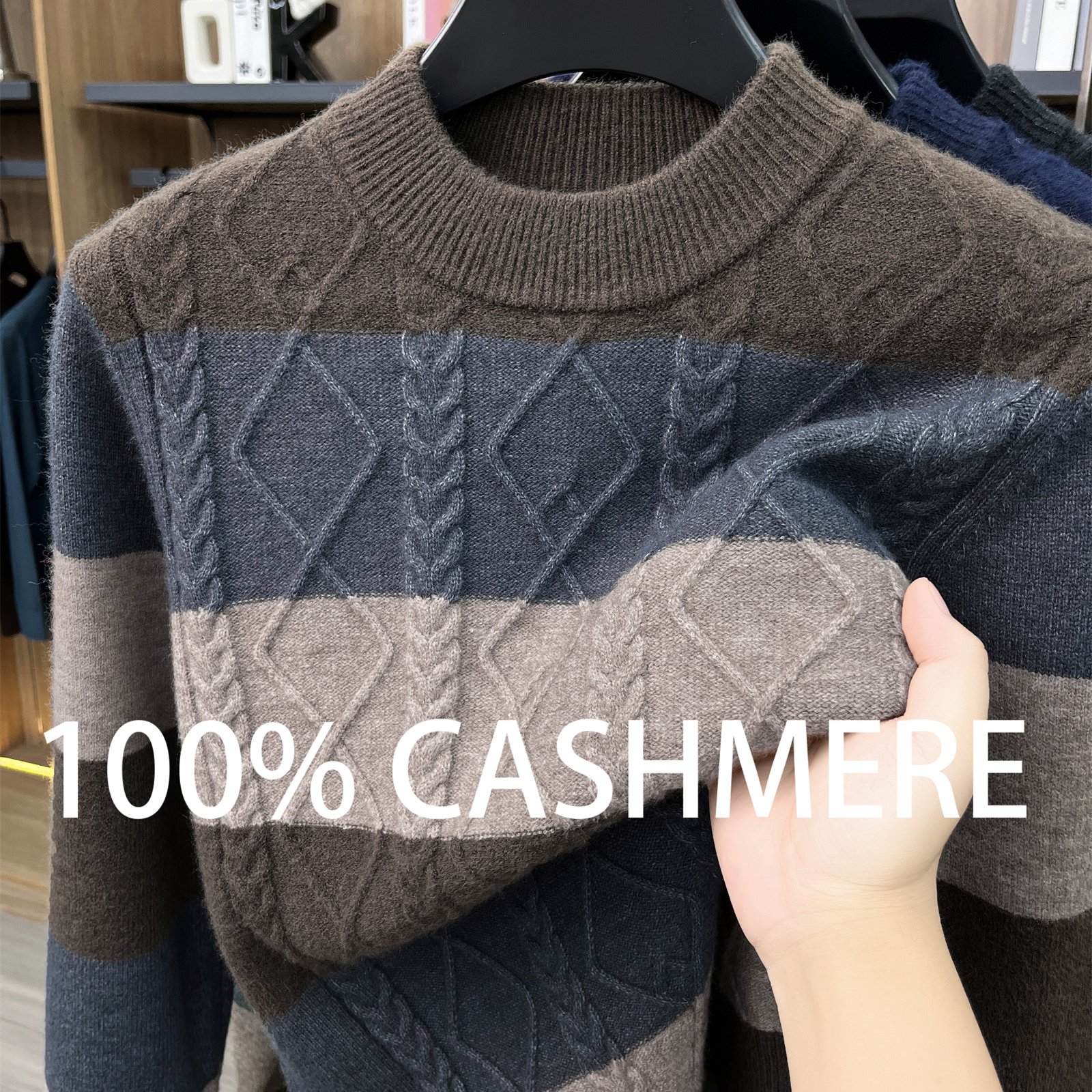TEMU Zbzp Autumn Winter Knit 3d Mid-high Round Neck Striped Sweater, Basic Knit Top For Men, Fashionable Long Sleeve Zyr
