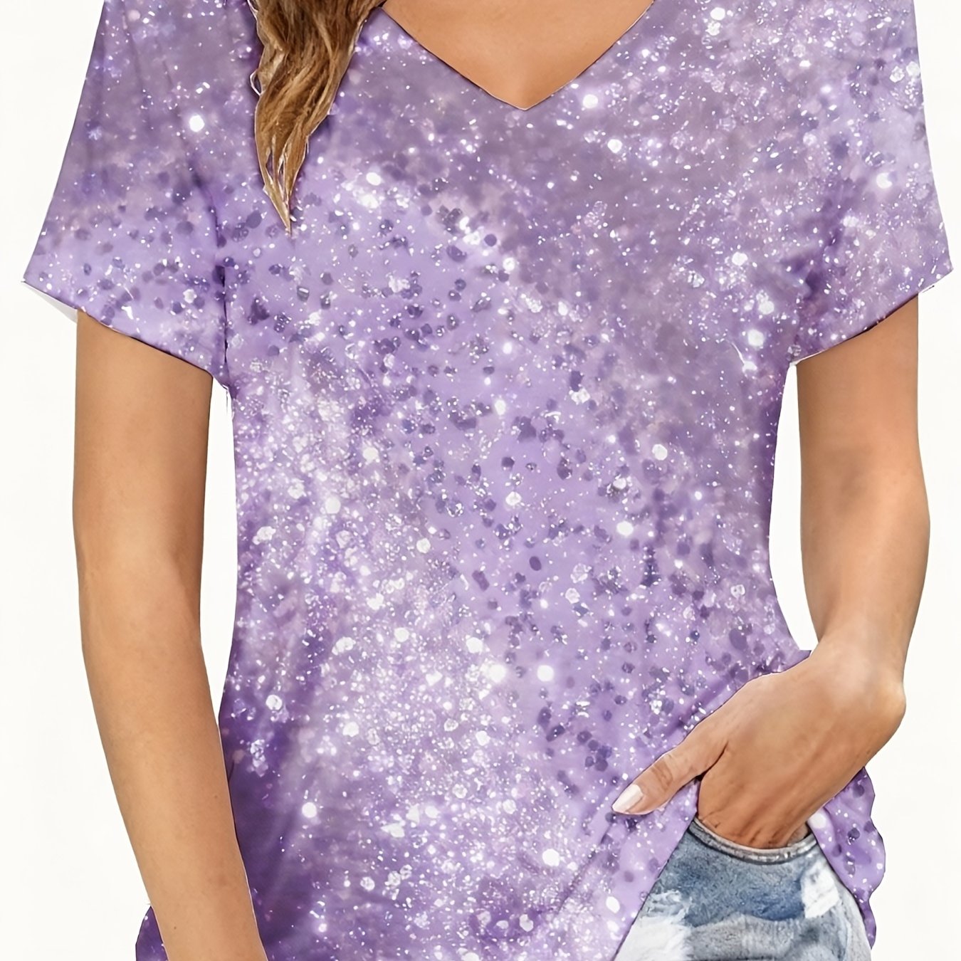 TEMU Plus Size - Plus Size - Plus Size V-neck T-shirt With Pink Glitter Print Design, Casual Women's Summer Party Fashion Top, Sizes 0xl-9xl
