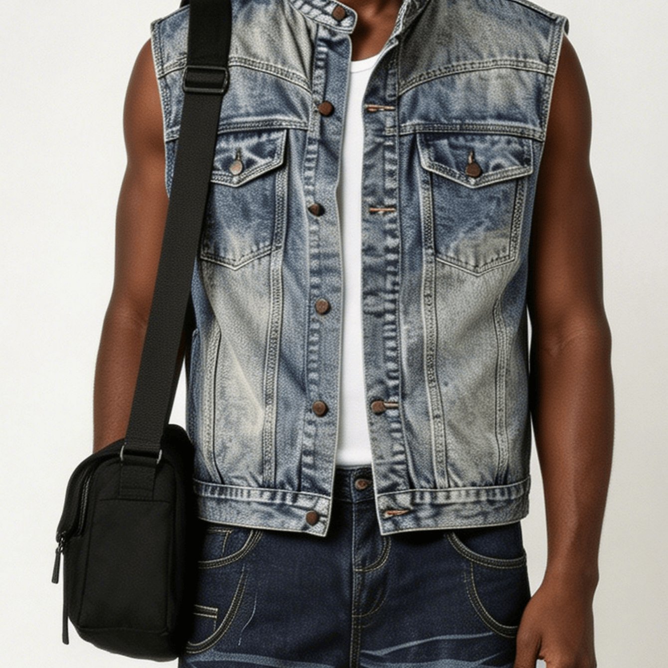 Image of Men's Collar Gradient Washed Denim Vest: Vintage Distressed Sleeveless Vest, Casual And Versatile For Layering-perfect For Commuting, Casual Attire, And Street Style