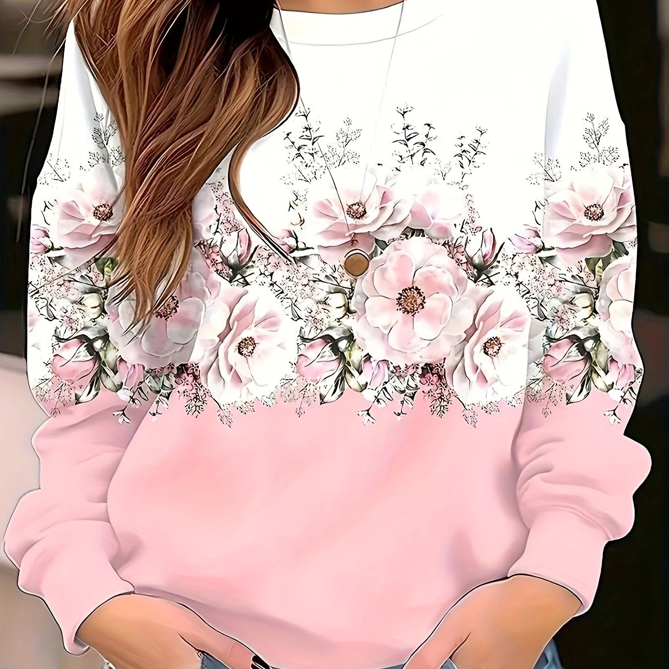 TEMU Plus Size, Plus Size Women's Floral Print Crew Neck Pullover - Premium Terry Fabric, Soft And Slightly Stretchy Polyester, Machine Washable,