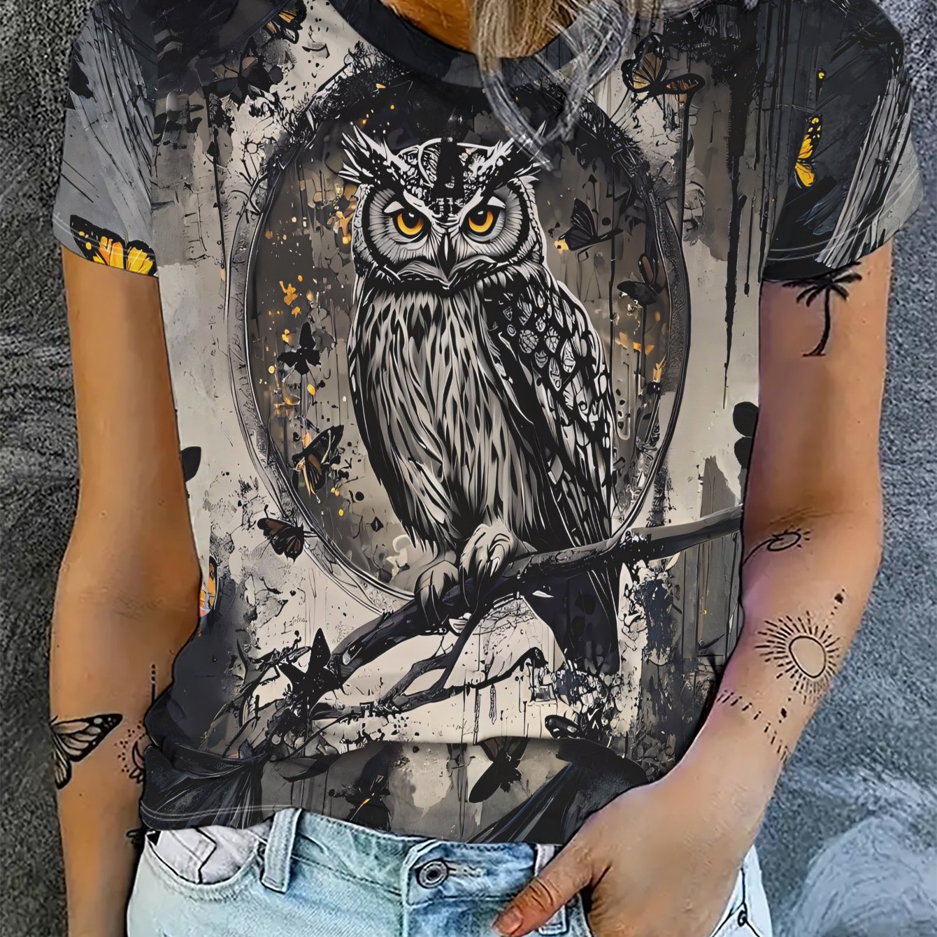 TEMU Women's T-shirt, Owl Design, Black And Gray Tone, Individual Style