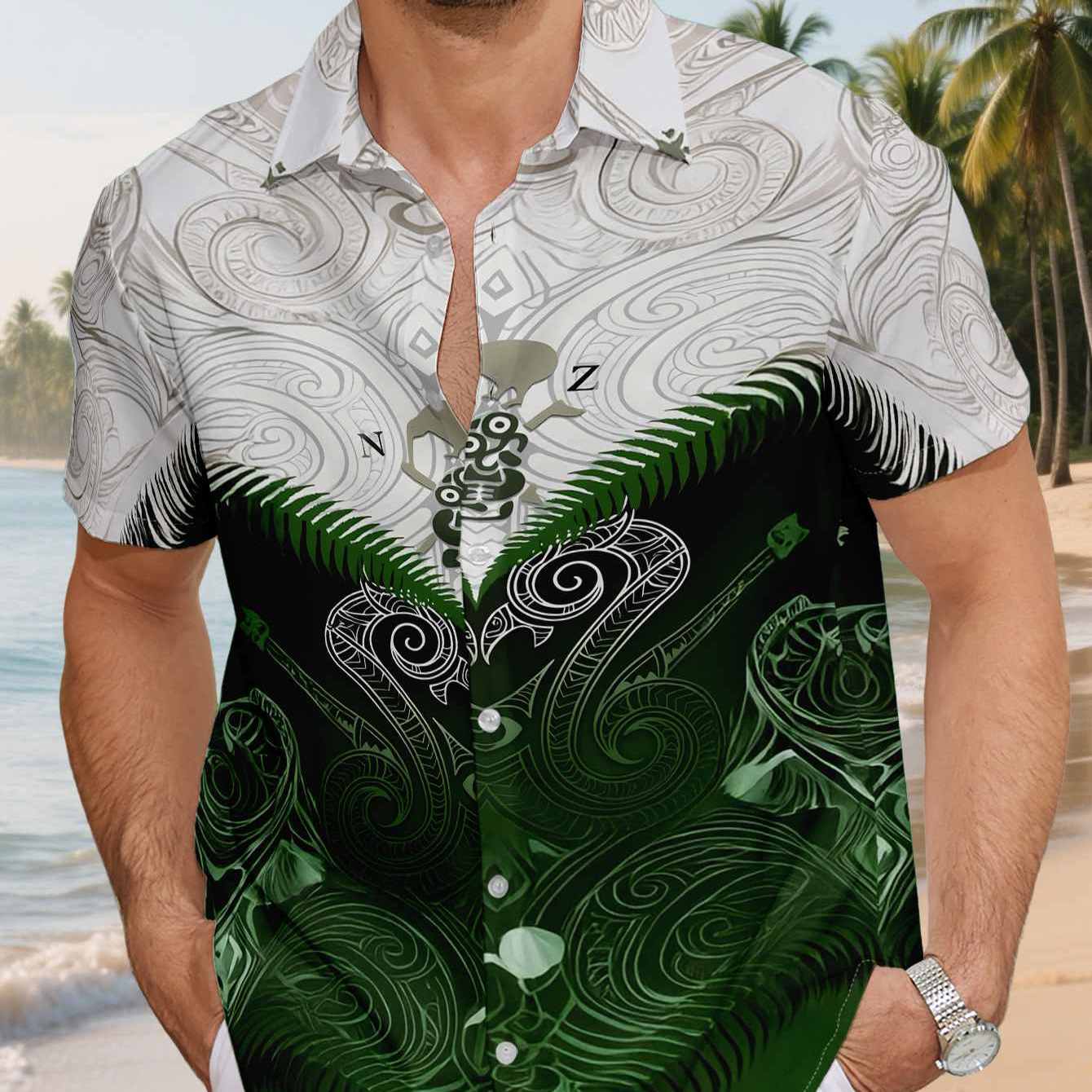 TEMU Men's Short Sleeve Shirt - Flat Pattern, Texture-free, New Zealand Maori Cultural Art Design, Fashionable Minimalist Short Sleeve, Button-up,