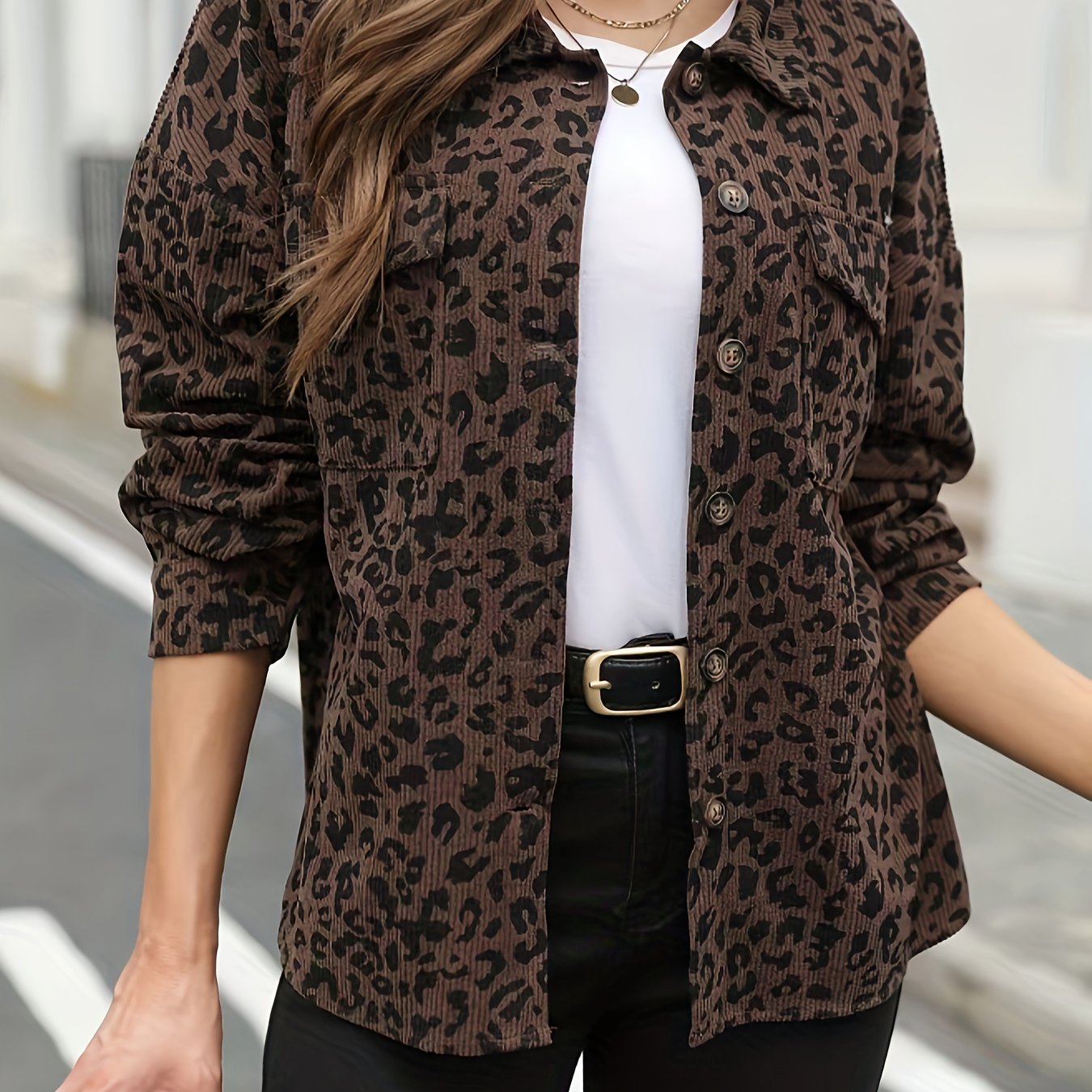 E-shop Leopard-Print Cord-Jacke für Damen – Casual Jacke