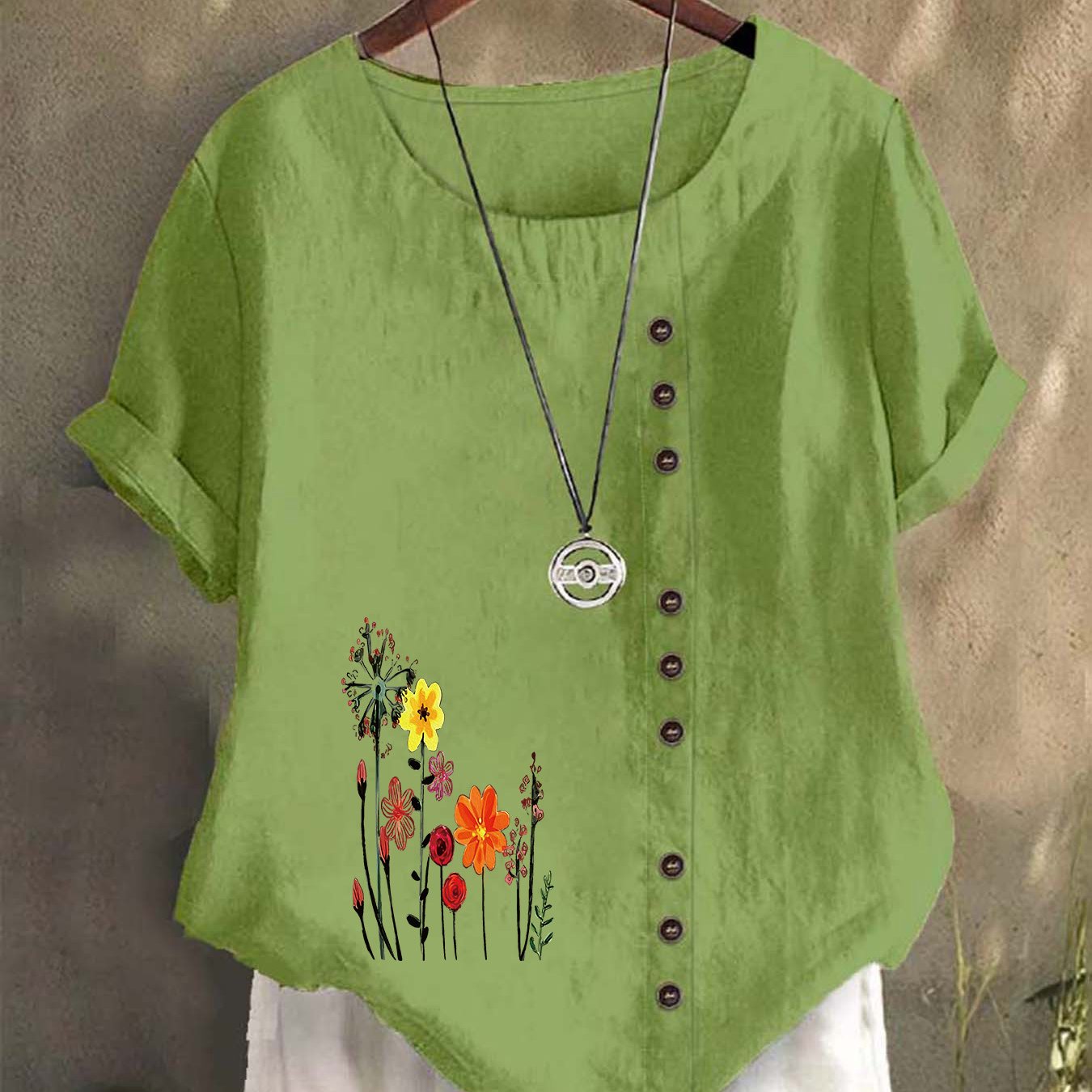 TEMU European And American Trendy Loose Bohemian Pattern Letter Button Garden Collar Women's Short Sleeve Shirt, Round Neck Top For