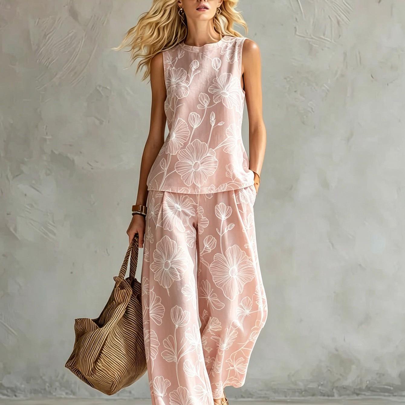 Image of New Women's Summer Clothing: Top And Pants Set Pale Pink Floral Prints Summer Women's Vest Set Casual Wear Machine Washable Fiber Easy And Two-piece Set 2d Flat Printing Summer