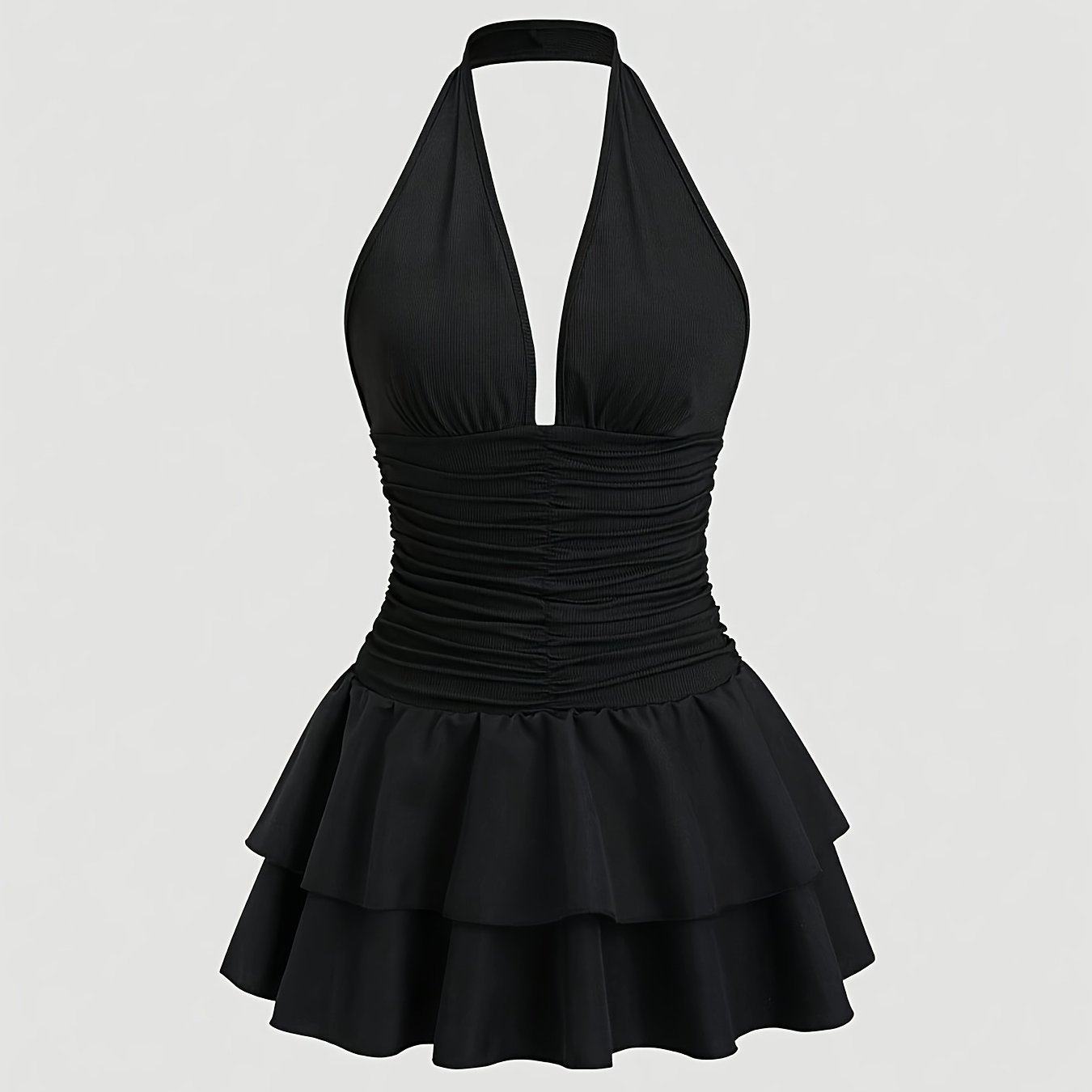 New Women's Off-shoulder Backless Dress, Ruched V-neck Double-layer Fabric, Ribbed Material Stretch Hem