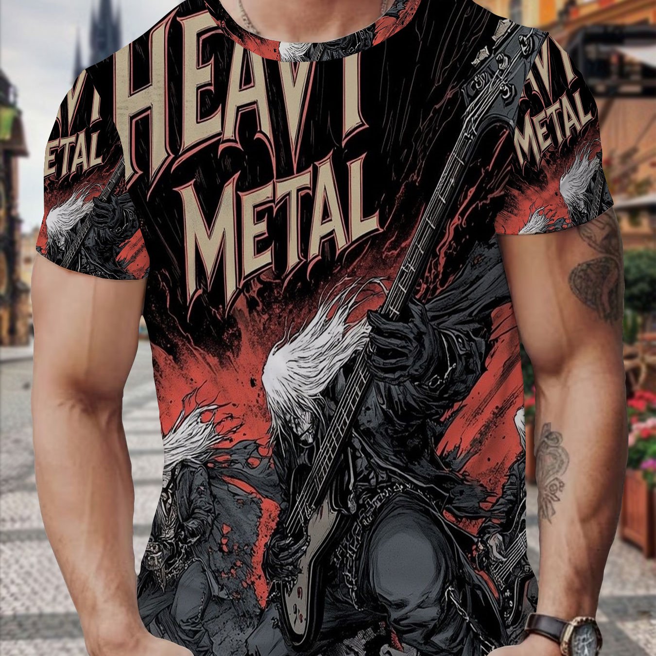 TEMU Men's 3d Men's Heavy Metal Graphic Print Polyester T-shirt, Band Themed Short Sleeve Tee, Vintage Gothic Neck Top, Breathable Casual Streetwear