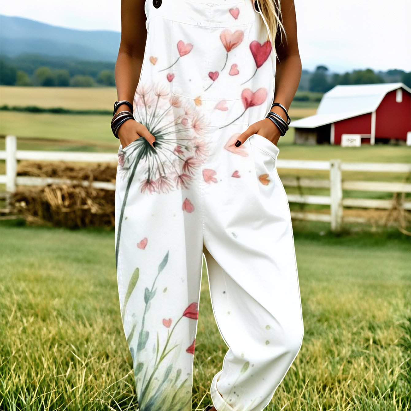 TEMU Women' Size Overall Jumpsuit, Size S-2xl Dandelion Hearts Flowers Loose-fitting Overalls Wide-leg Pants Suitable For Spring, Summer And Autumn