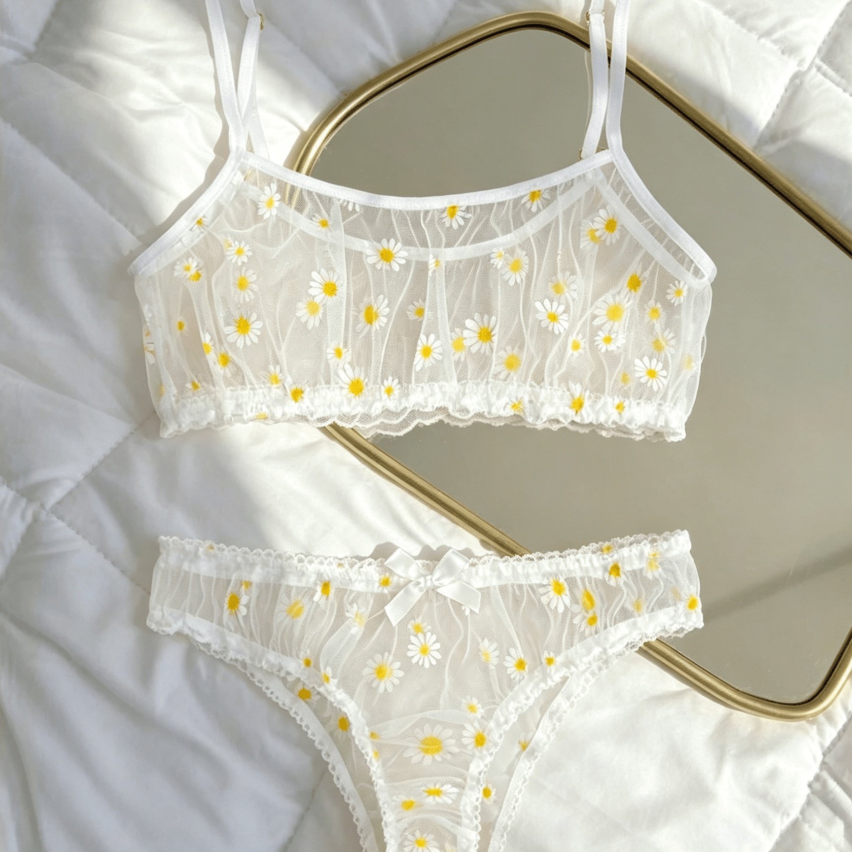 TEMU New Daisy Mesh Sheer Bra Set Soft Sexy Cute Adjustable Strap Top Bow Panty Casual Comfortable Lingerie Set
