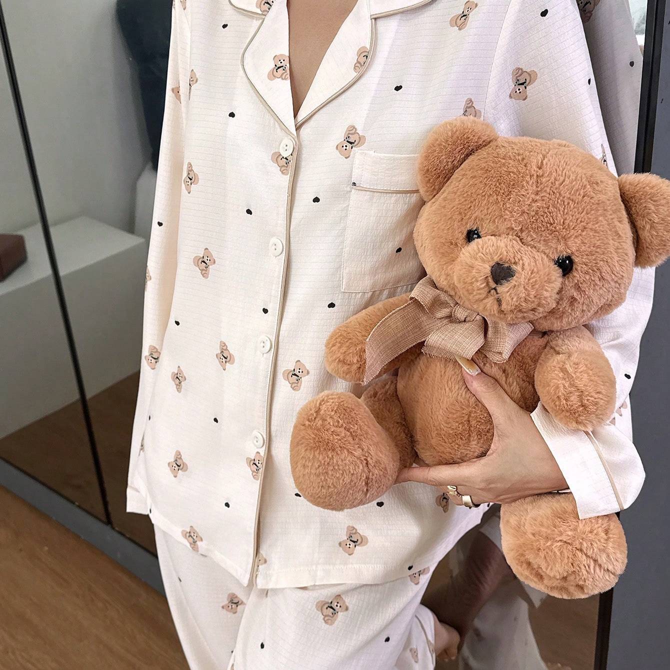 E-shop Niedliches Cartoon Bär Print Fliege Top und Hose Damen Pyjama Set Weiches Pyjama Set Bär Print Pyjamas Nachtwäsche Damen Niedliche Nachtwäsche,