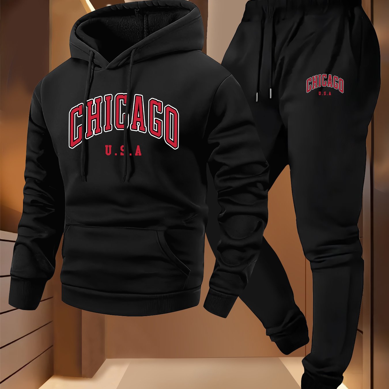 TEMU Chicago Print Men's Long-sleeve Hooded Sweatshirt 2pcs Set, Casual Sportswear Fashion Trendy Sweatshirt Set