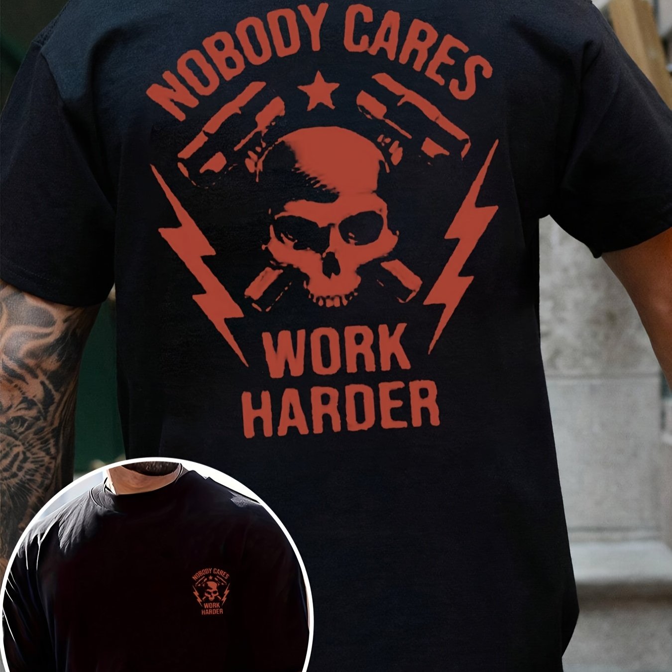 TEMU Men's "nobody Cares, " Skull Graphic T-shirt - Black Casual Summer Tee With Red Print, Short Sleeve, Round Neck, Lightweight & Breathable For