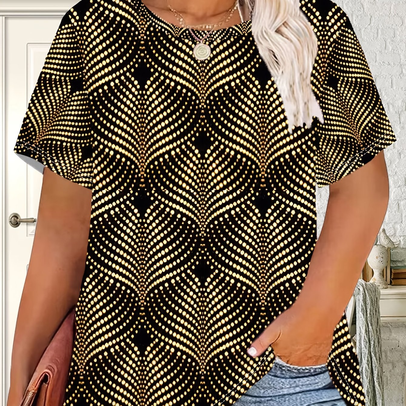 TEMU Plus Size - Plus-size Light Black Background With Golden Geometric Print Short Sleeves, Light Luxury Feel Golden Radiating Polka Dots Retro Art
