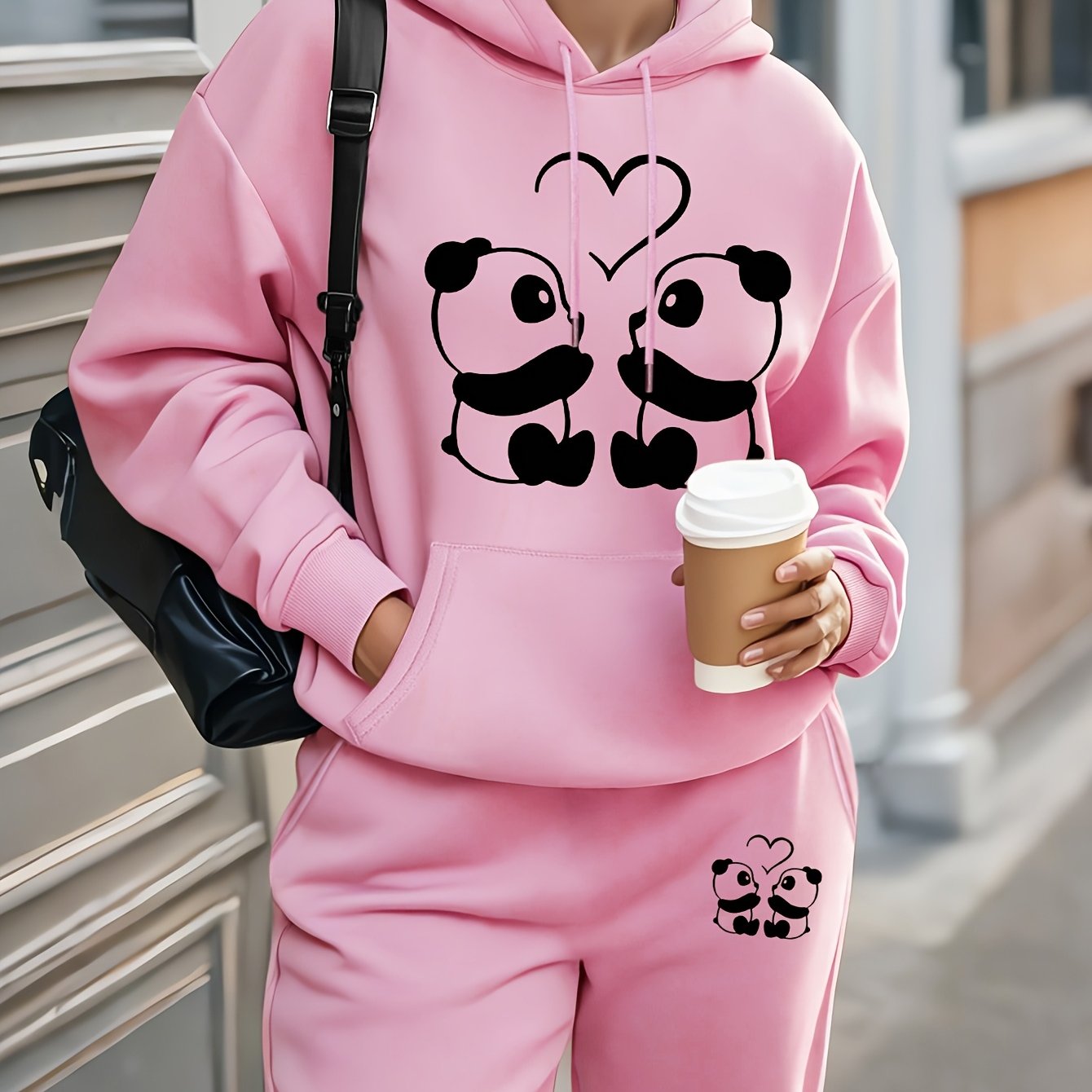 TEMU Plus Size, Plus Size 2 Pandas Print Hoodie Sweatshirt Set, Loose Casual Fashionable Swear, 2025 Fall & Winter New 2pcs Set, Women's Clothing