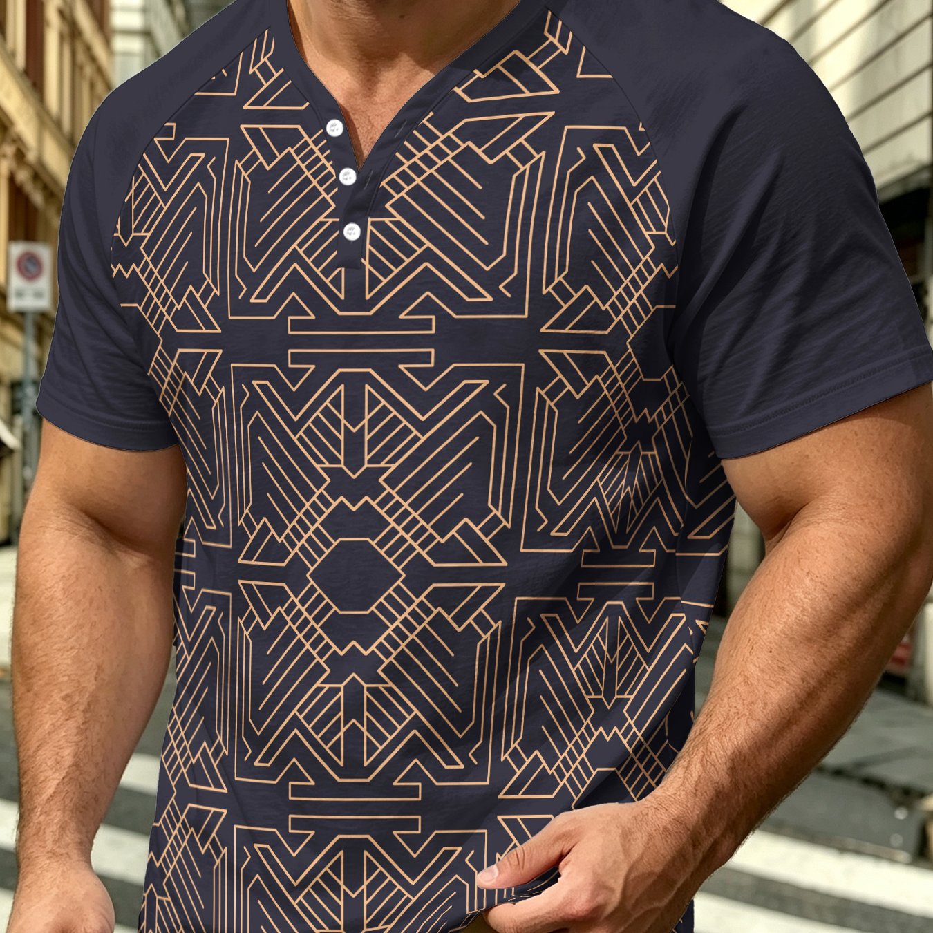 TEMU Men's Plus Size Loose Fit Henley Collar Short Sleeve T-shirt In Navy Blue, Vintage Ethnic Geometric Lines Print With Button Design, Commuter