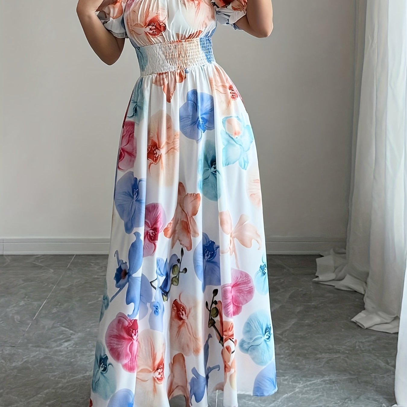TEMU Elegant Square Neck Lantern Sleeve Cinched Waist Top With Floral Print Flared Skirt Dress 9002