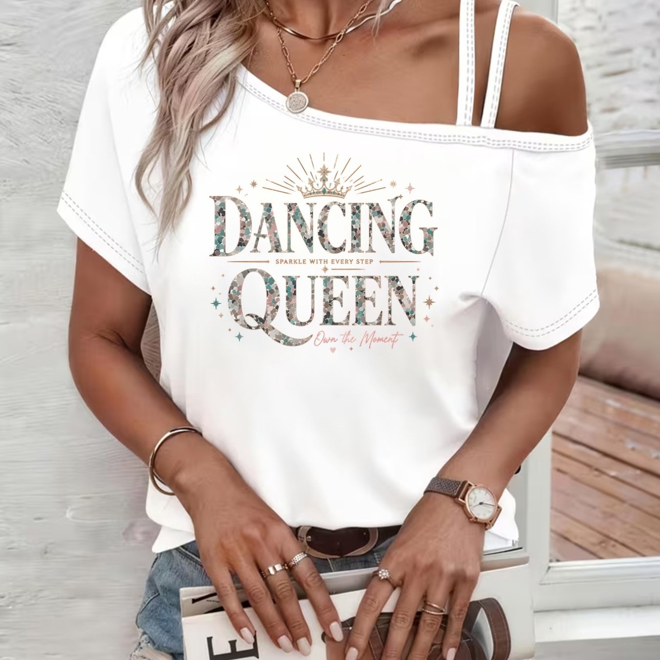 TEMU 1pc New Women's "" Print Sparkling And , Showcasing Style, 2d Printed Pattern Off-shoulder Short Sleeve T-shirt, Suitable For
