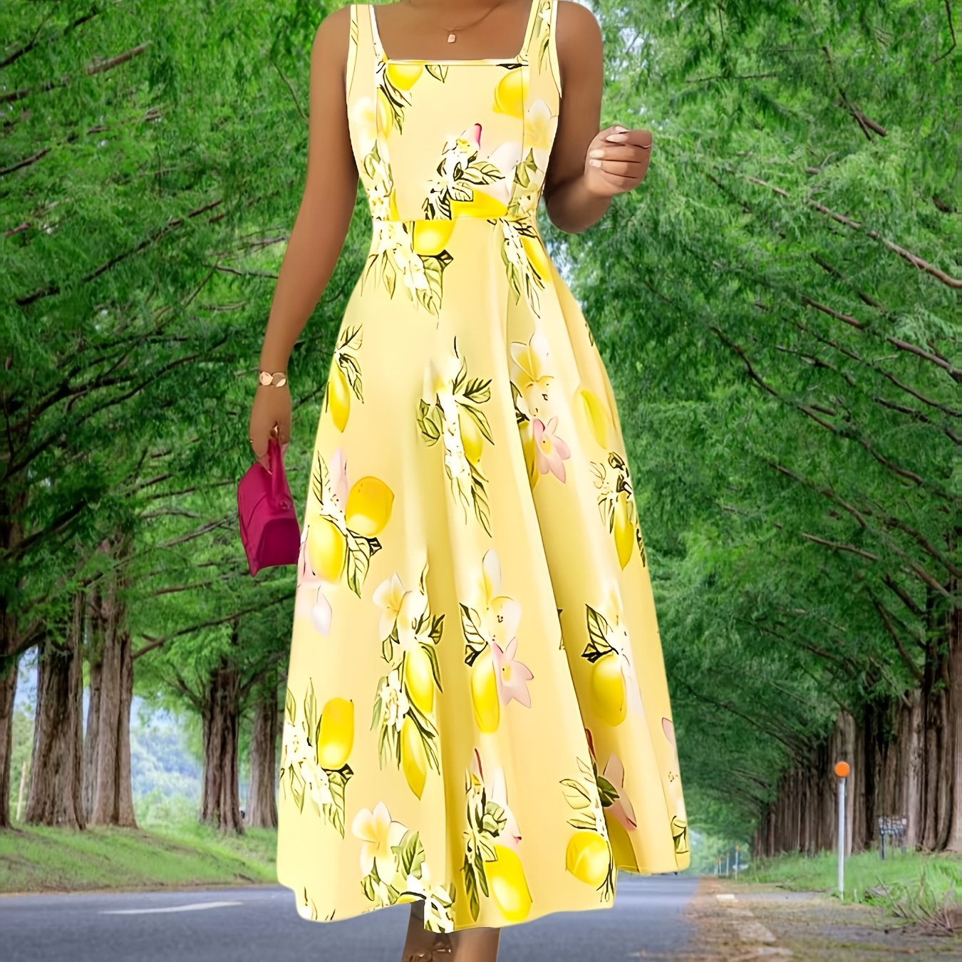 E-shop Elegantes Damenkleid mit Blumenmuster, schräger Schnitt, ärmellos, eckiger Ausschnitt, A-Linie, lang, bequem, elegant, temperamentvoll, geeignet