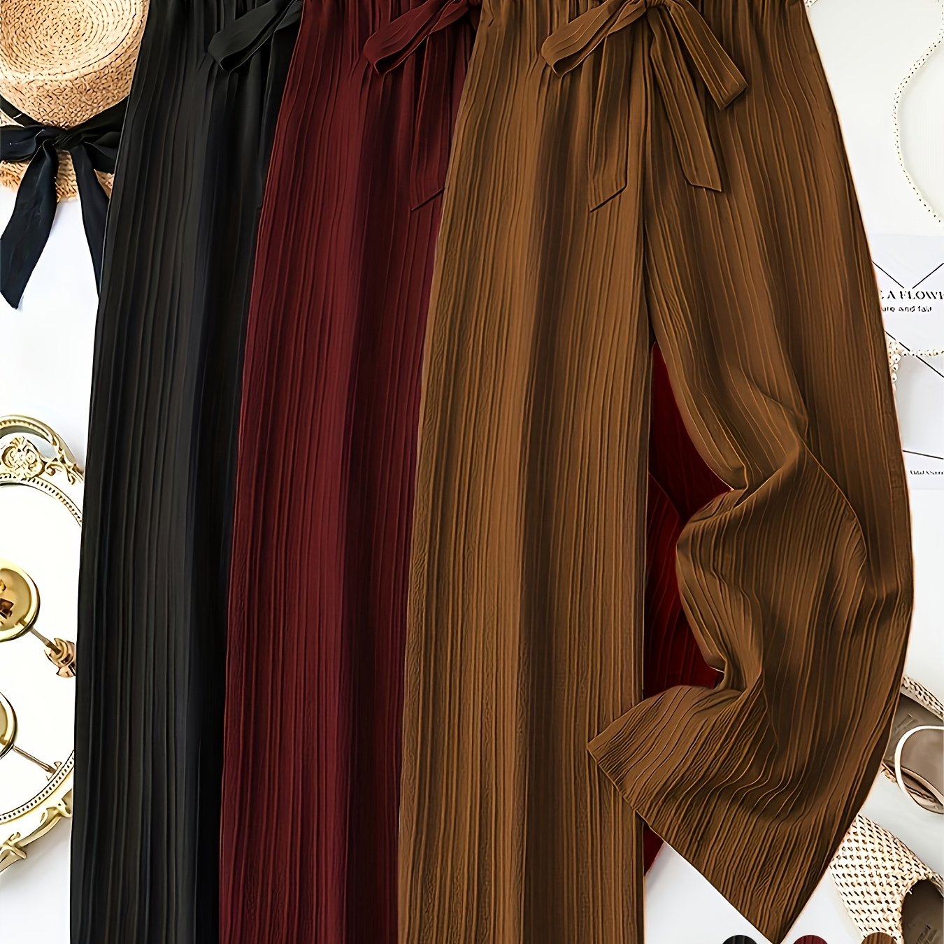 TEMU Set Of 3 Women's Stylish Solid Color Striped Trousers With Bow Accent - Relaxed Fit, Stretchy Waistband, Ideal For Casual Spring And Summer