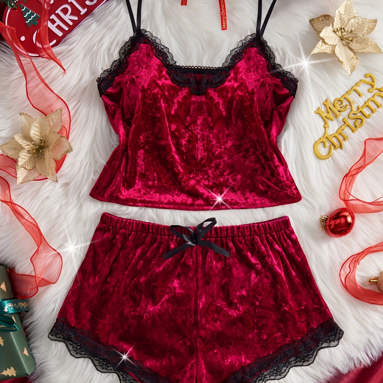 Image of Christmas Women's Fall Winter Lace Trim Pajama Set V-neck Camisole Bow Detail Shorts Soft Velvet Loungewear
