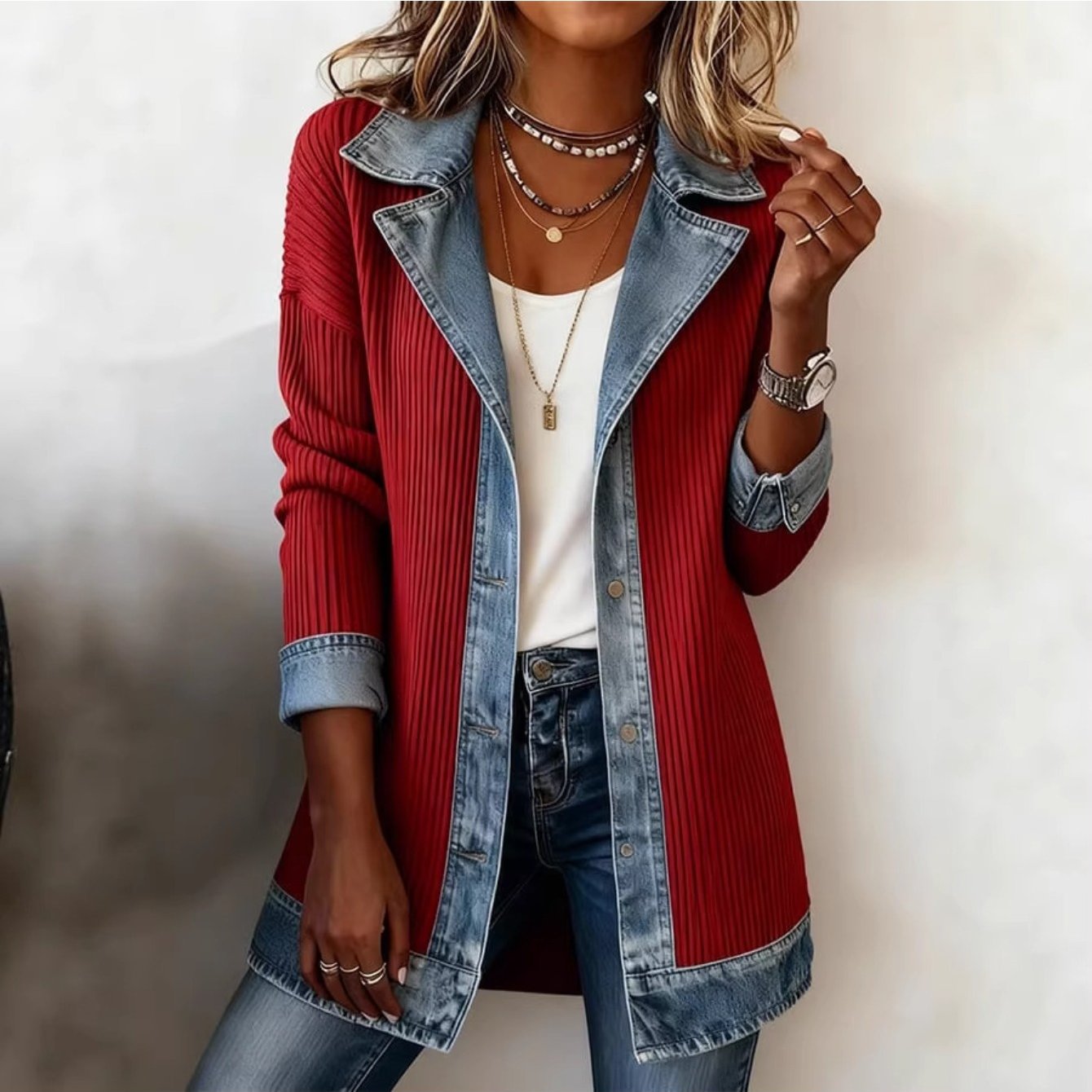 Image of 2026 Autumn Women's Spliced Coat, Long-sleeve Lapel Mid-length Top, Slim Fit Casual Wear