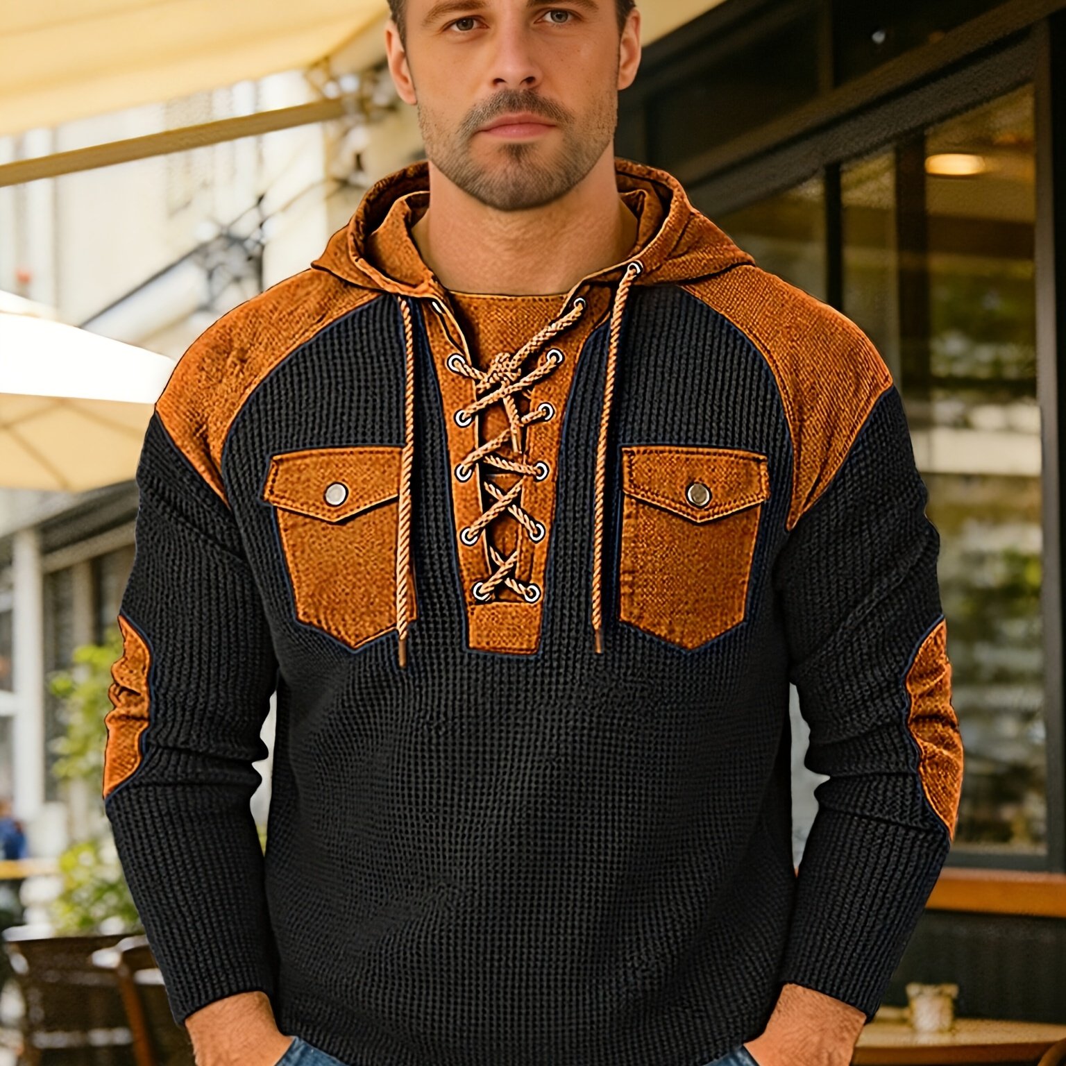 TEMU Utility Hooded Sweatshirt Men's Casual Wear Item Western Cowboy Style 2026 Year Of The Horse Festive Renewal Outing Individual Top