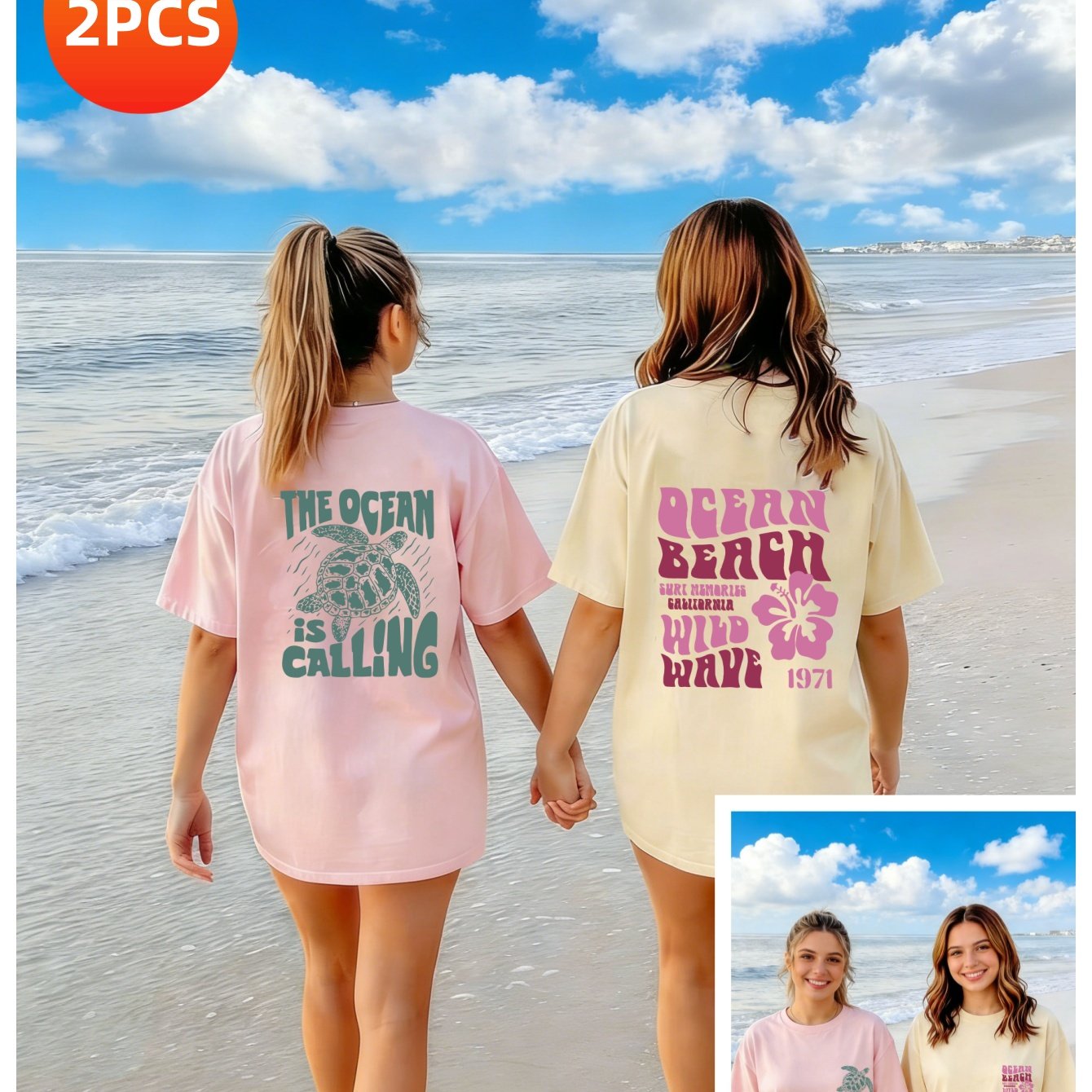 TEMU Ensemble 2 pièces T-shirt imprimé à manches courtes, T-shirts décontractés à col rond, parfait pour les couples et les meilleures amies