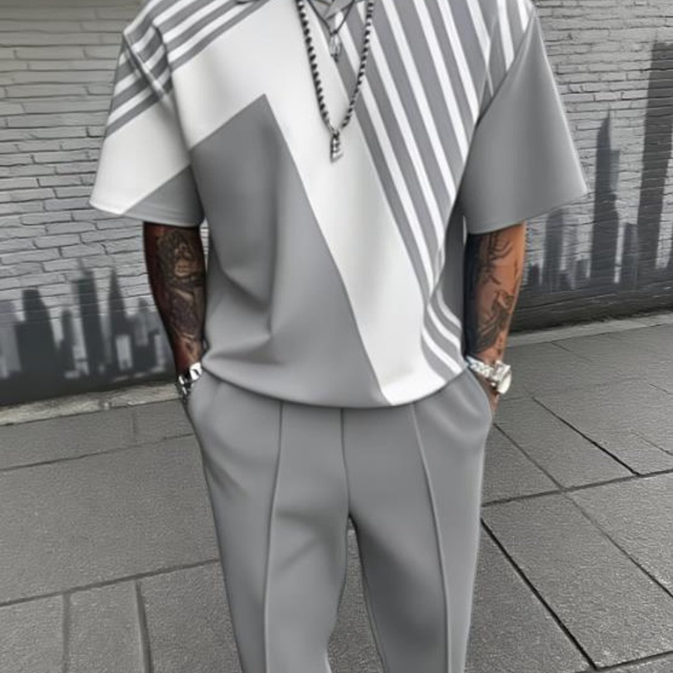Style Geometric Diagonal Stripe Men's Summer Casual Outfit Short Sleeve Shirt And Pants 2 Piece Set Men's Fashion Adult Men Casual Wear Summer Holiday Gift Vacation Outfit