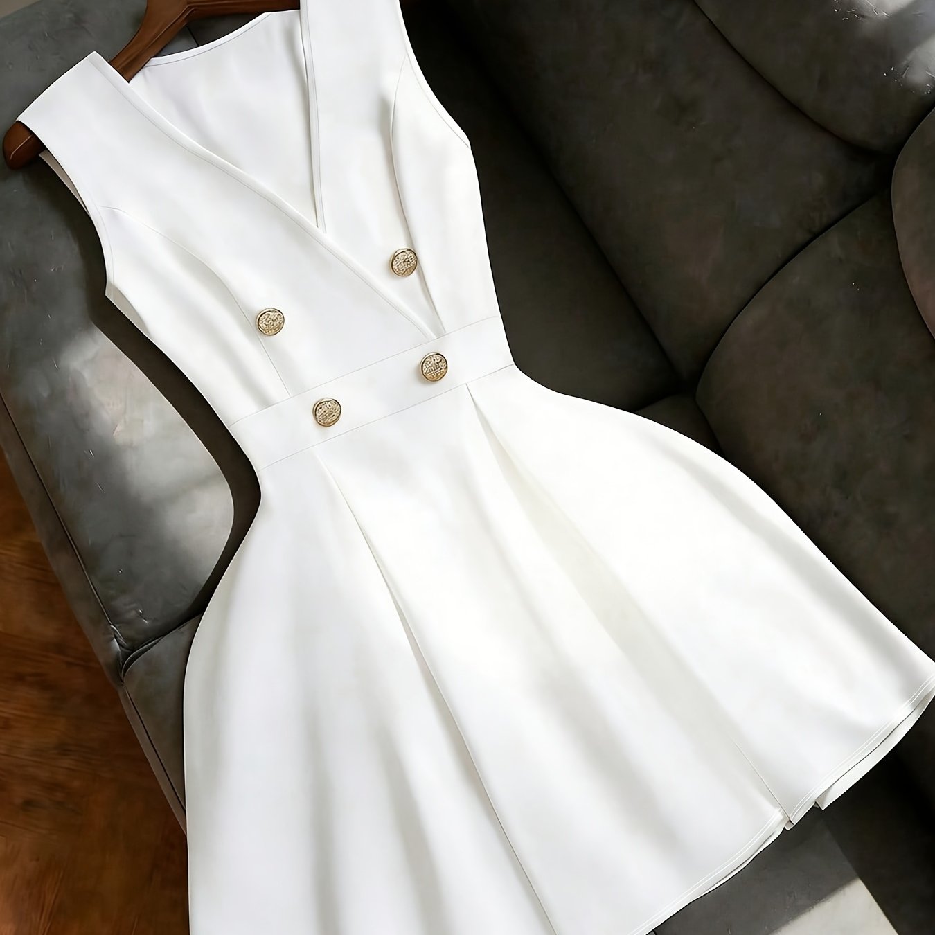 TEMU Robe blanche manches à double boutonnage, Mini-jupe blanche premium facile, Robe de style doux et intellectuel, Tenue et atmosphérique, d'été