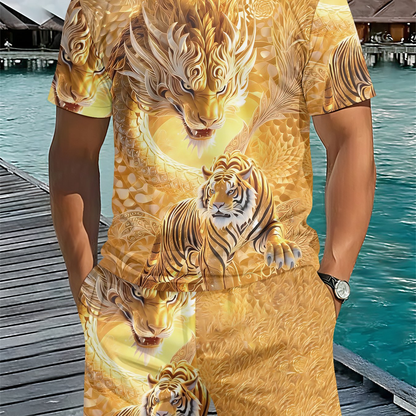 TEMU Heren 3D Digitale Set met Korte Mouwen en Korte Broek - Nieuwe Sportset in Chinese Nationale Stijl voor de Zomer, Geschikt voor Trendy Outfits
