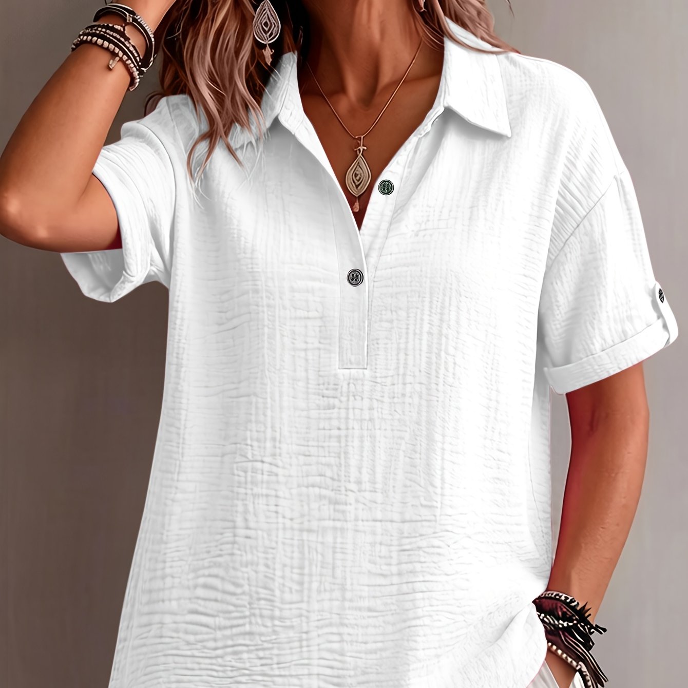 TEMU Casual Solid-color Shirt With A Half-button V-neck And Three-quarter Sleeves That Are Adjustable And Rolled Up