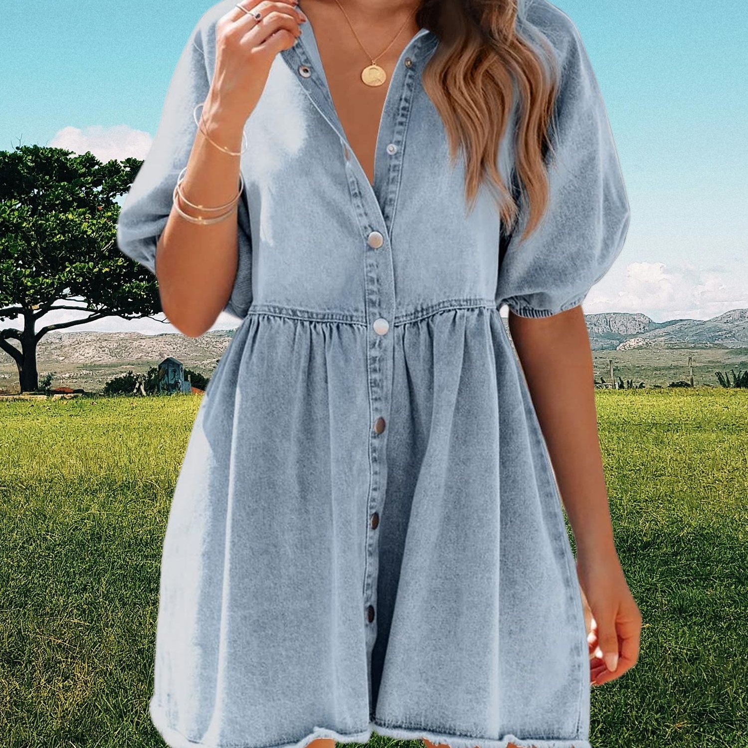 Image of Casual Flowy Dress For Spring And Summer, Featuring A Button- Design With Puff Short Sleeves And A Babydoll Style