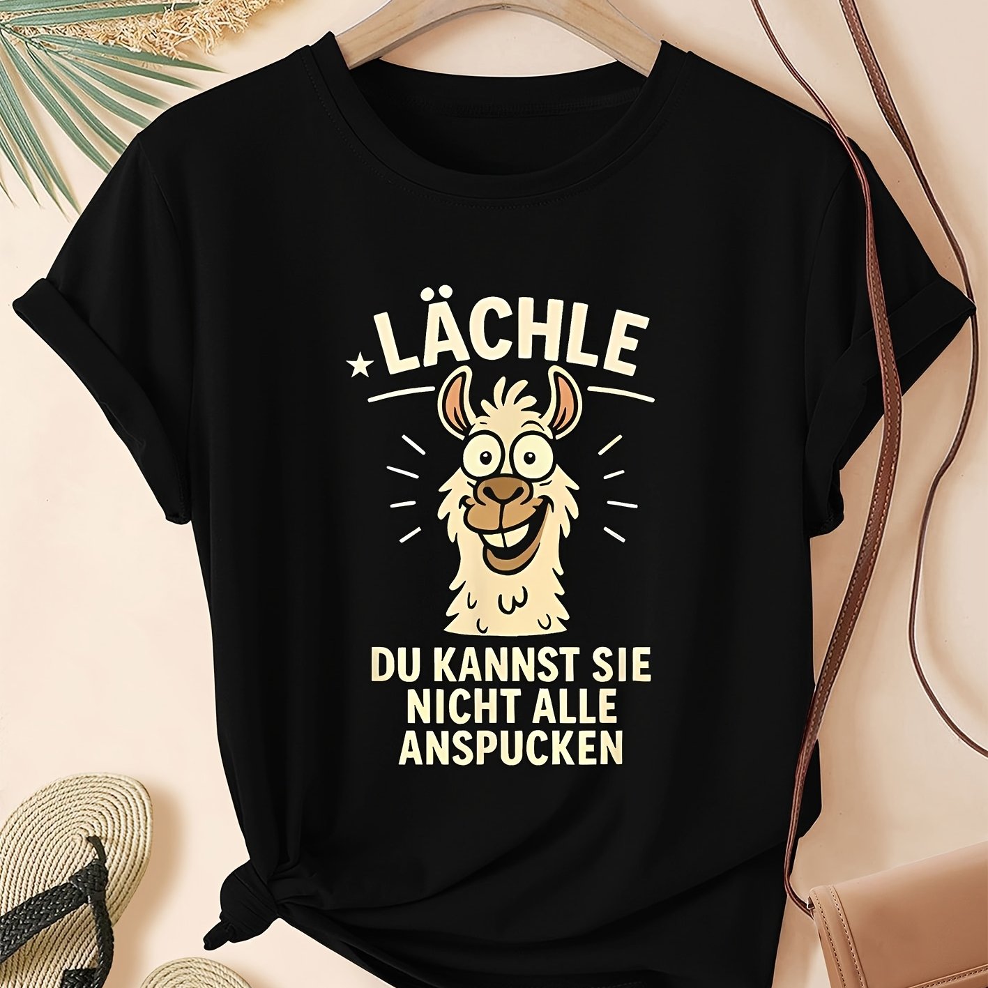 E-shop Deutsches "Smile Facing" Alpaka Fun Damen Kurzarm Bedrucktes Rundhals Casual Mode Pendeln Täglich Retro Style Winter Herbst Frisch Süß Top