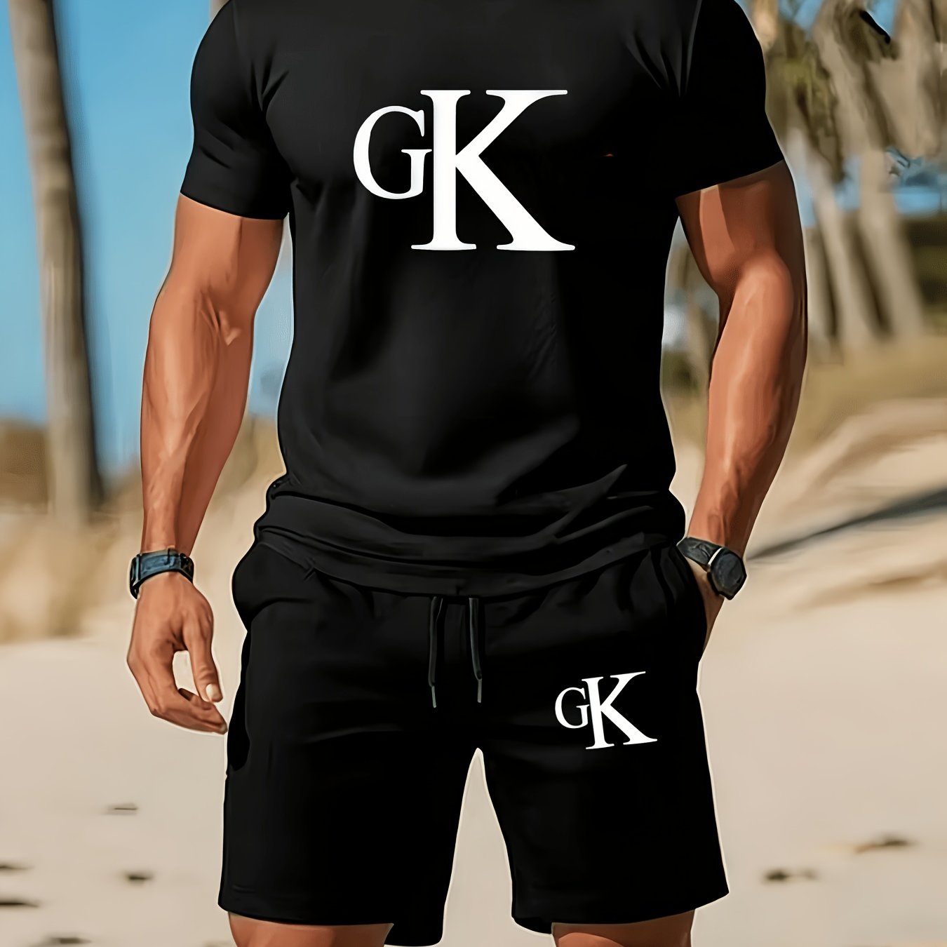 TEMU Gk Letter Print Men's Summer Casual T-shirt 2pcs Set, Fashionable Casual Short Sleeve Trendy Sporty Versatile Outfit