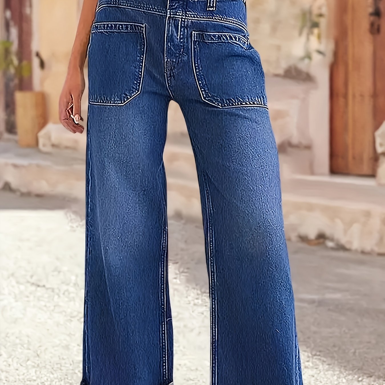 Trendy Of Blue Women's Casual Wide-leg Jeans, Featuring And Back Pairing