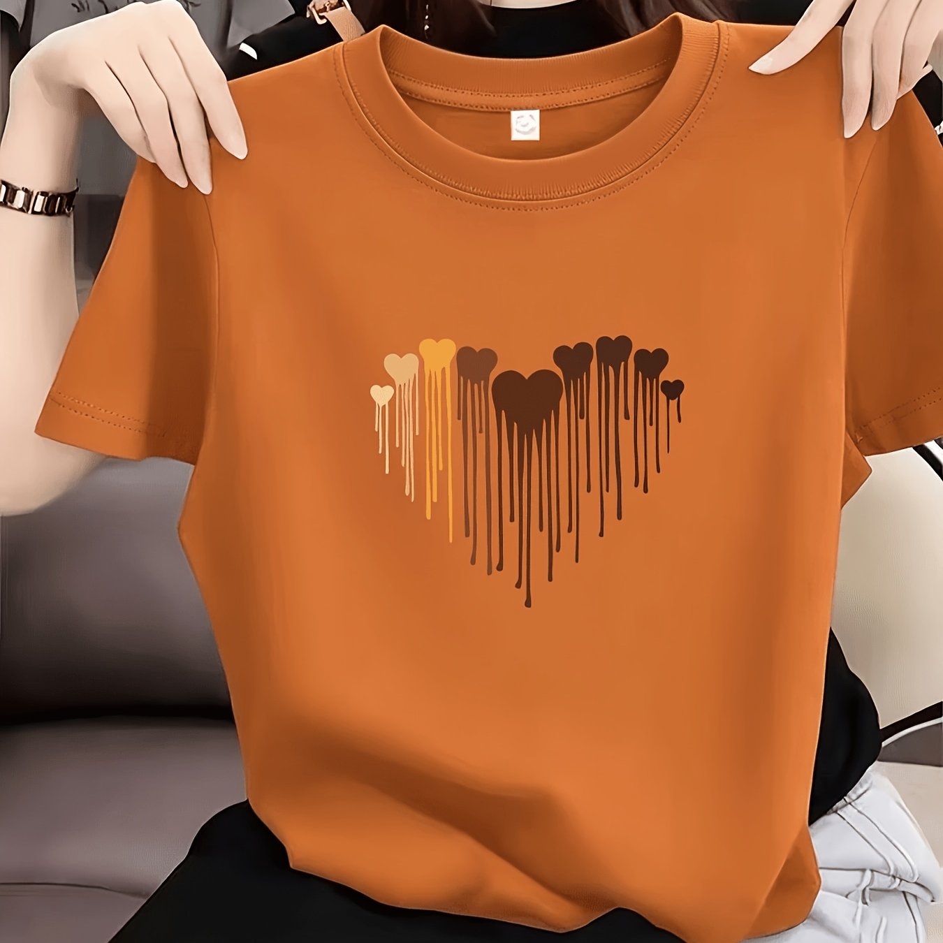 TEMU Summer Casual T-shirt, Women's Fashionable Round-neck Printed Women's Casual Short-sleeve Top