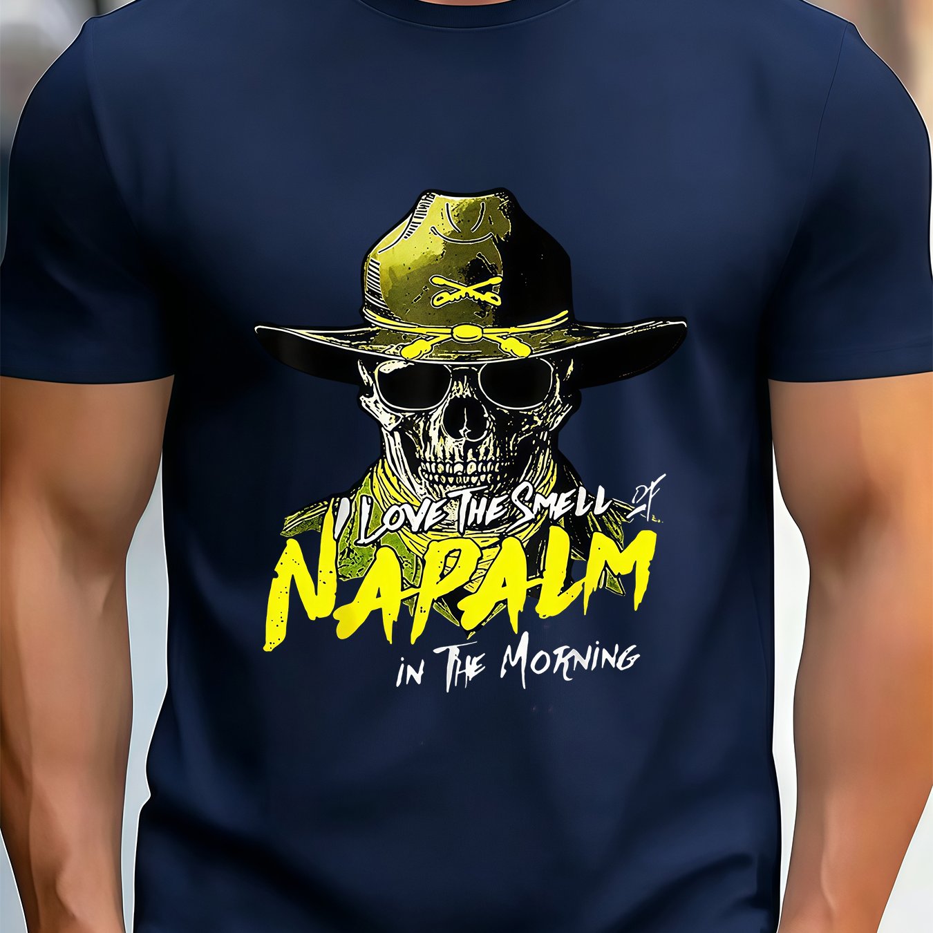 TEMU Men's Graphic T-shirt - Love The Smell Of Napalm In The Morning, Soft And Breathable, 100% Polyester Fiber, Vibrant Print Design, Crew Neck,