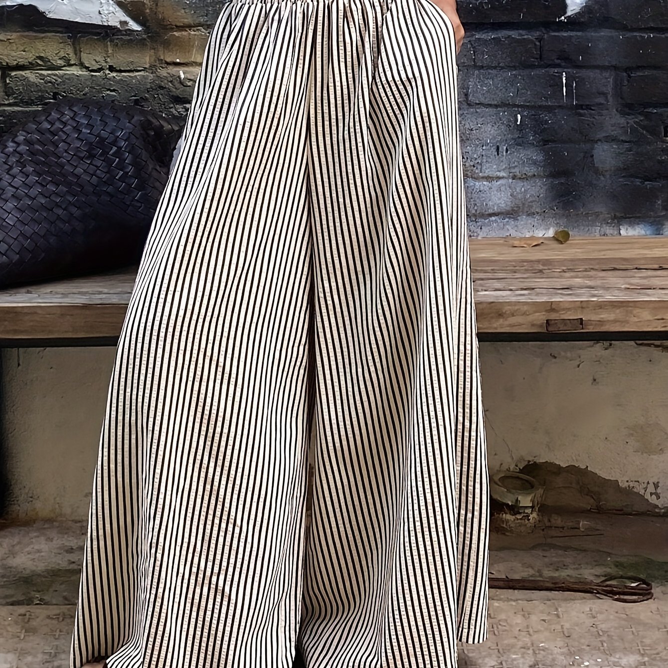 Women's Elastic Waist Striped Wide Leg Pants